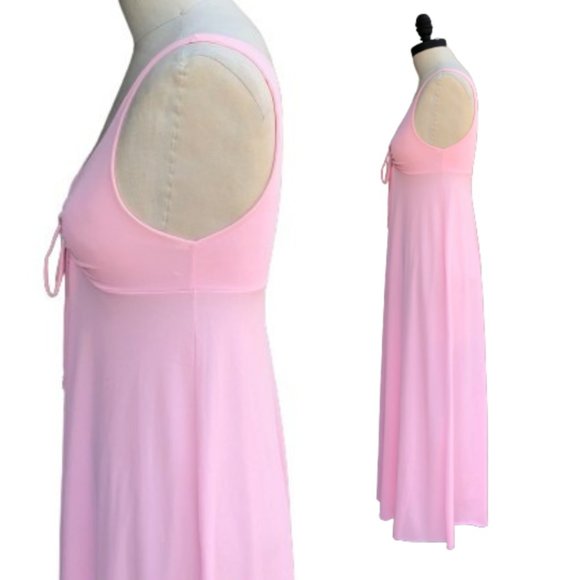 Vintage 70s Key Hole Tie Front Empire Waist Barbiecore Pink Maxi Nightgown Dress - Picture 7 of 15